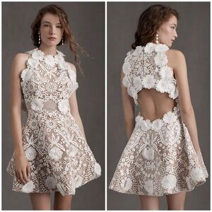 New Helen O'Connor Daisy Dress Mini Flare Open Back Floral Applique White Sz 14